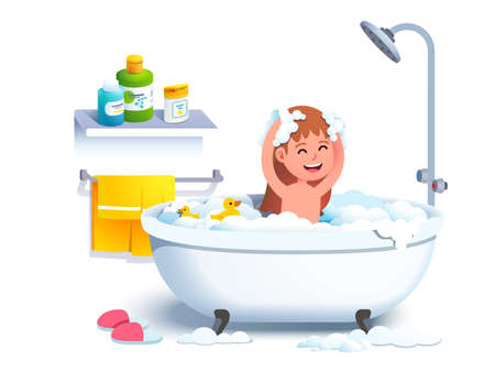 Girl kid having bath washing head and bodyのイラスト素材