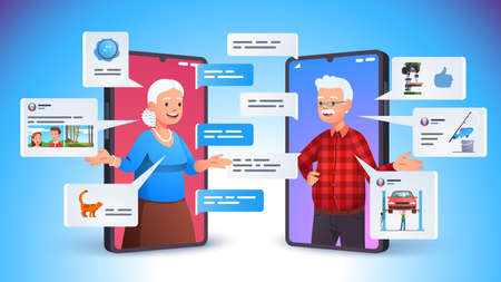 Aged family couple using smart phone video callのイラスト素材