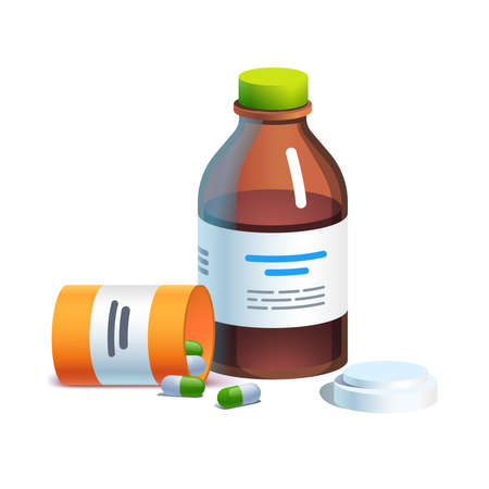 Meds, glass bottle with liquid medicine, pill tubeのイラスト素材