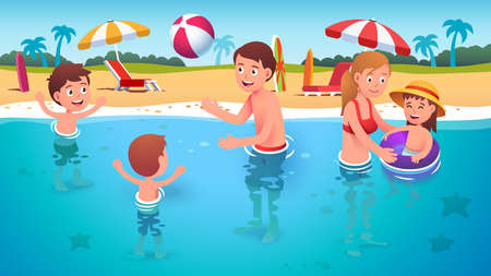 Kids, parents having fun playing beach ball gameのイラスト素材