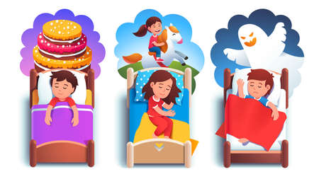 Girl, boys kids sleeping in beds having dreamsの写真素材