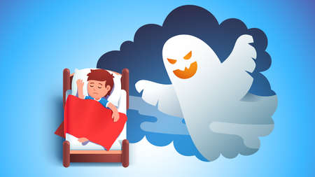 Boy kid sleeping in bed dreaming having nightmareのイラスト素材
