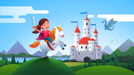 Girl kid medieval horseman knight riding horseのイラスト素材