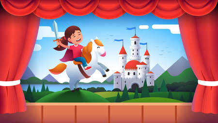 Girl kid actor role of medieval castle knightの写真素材