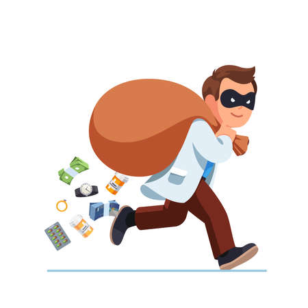 Worker doctor thief with sack full of pill, moneyのイラスト素材
