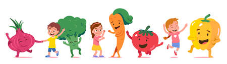 Happy children, fresh organic vegetable having funのイラスト素材