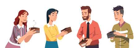 Poor broke men, women holding empty wallets setのイラスト素材