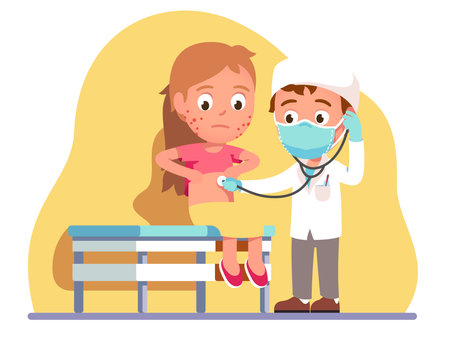 Doctor kid in mask examining ill person with rashのイラスト素材
