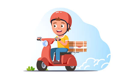 Smiling pizza delivery man riding scooterのイラスト素材
