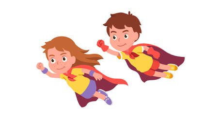 Cute girl, boy super heroes couple flying togetherのイラスト素材