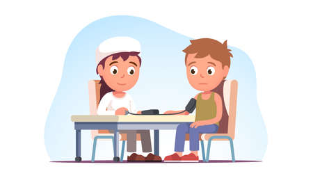 Doctor measuring hospital patient blood pressureのイラスト素材