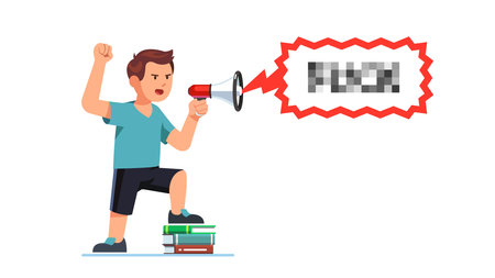 Protester shaking fist shouting trough hailerのイラスト素材