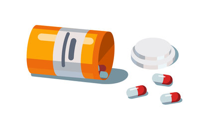 Opened pill drug bottle with some pills capsulesのイラスト素材