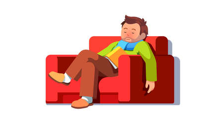 Sick guy in scarf recovering from fever on couchのイラスト素材