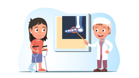 Surgeon doctor showing injured girl xray imageのイラスト素材
