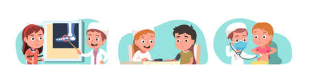 Doctors examining ill people in hospital set. Physician checking up patient, measuring blood pressure, orthopedist showing injured kid foot x-ray. Health care. Flat vector character illustrationのイラスト素材