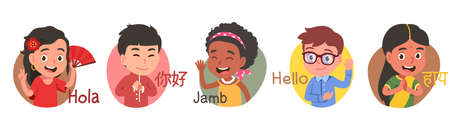 Multiethnic kids say hello in different languagesのイラスト素材