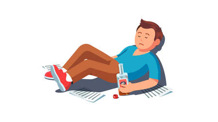 Sad drunk man lying holding whiskey alcohol bottleのイラスト素材