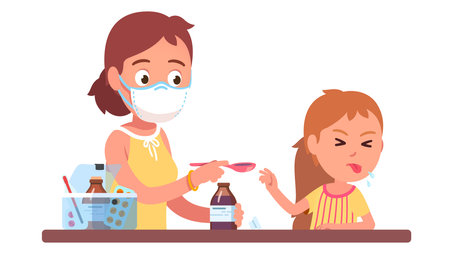 Kid refusing to take medicine. Mother giving syrupのイラスト素材