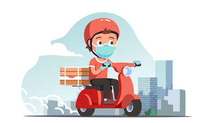 Pizza delivery man in protective mask ride scooterのイラスト素材