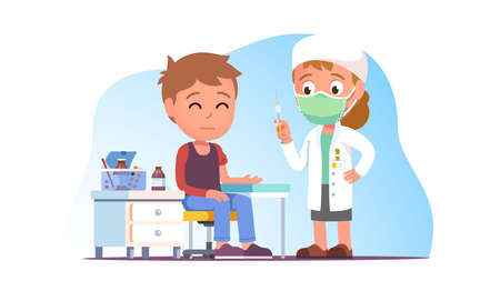 Doctor in mask giving vaccine injection to patientのイラスト素材