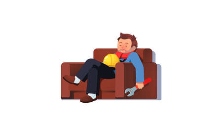 Ill construction worker man sleeping on armchairのイラスト素材