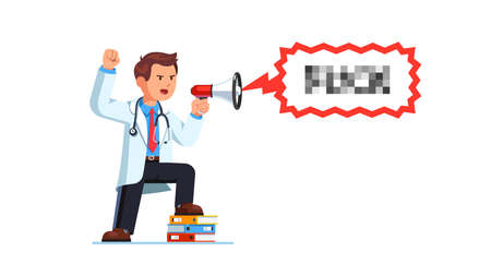 Medical worker man cursing yelling with bullhornのイラスト素材