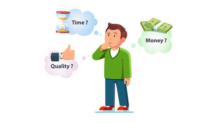 Guy think on controversy of money, time, qualityのイラスト素材