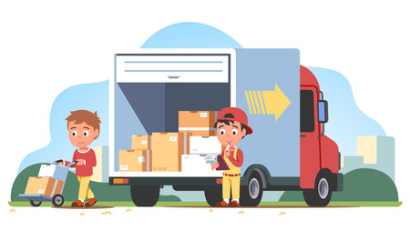 Delivery men delivering, unloading cardboard boxesのイラスト素材