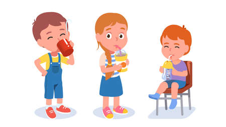 Thirsty kids with drinks. Children characters setのイラスト素材