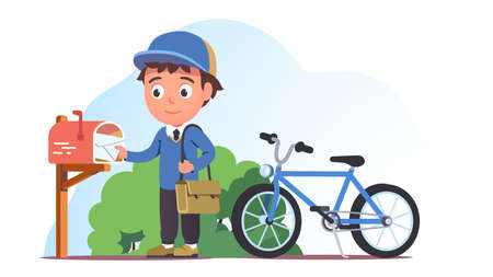 Postman delivering letter in post box by bicycleのイラスト素材