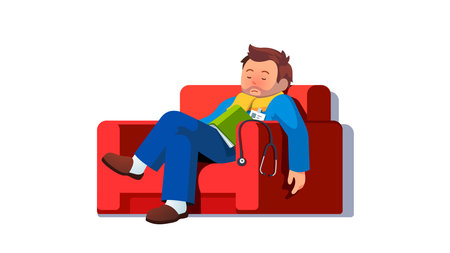 Ill medical worker man sleeping on armchairのイラスト素材