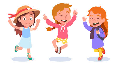 Preschooler girls jumping raising hands joyfullyのイラスト素材