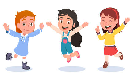 Cheerful girls jumping, running, raising handsのイラスト素材