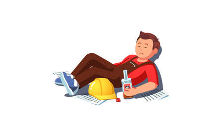 Drunk builder man lying on floor holding bottleのイラスト素材