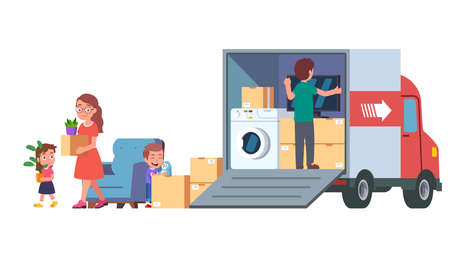 Family moving to new house using rental truckのイラスト素材