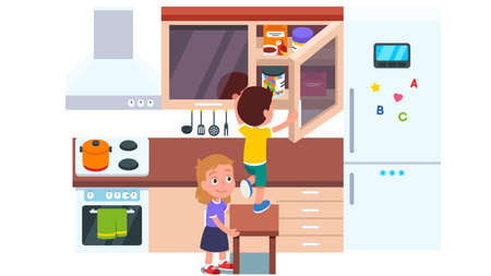 Children taking, stealing hidden sweets in kitchenのイラスト素材