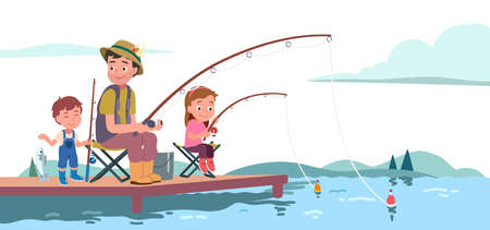 Fisherman father, daughter, son enjoying fishingのイラスト素材