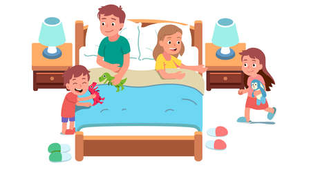 Family bedroom. Awake children waking up parentsのイラスト素材