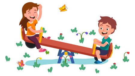Happy girl, boy kids swinging on seesaw togetherのイラスト素材