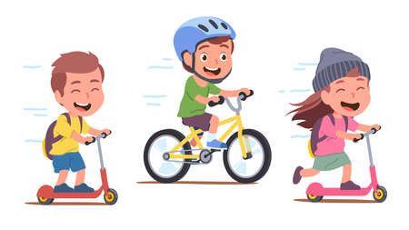 Girl, boys enjoying riding bicycle, kick scootersのイラスト素材