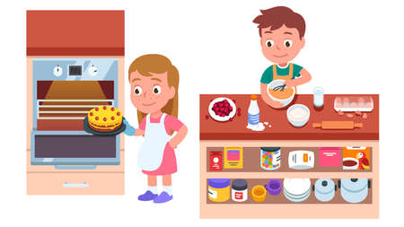 Kids bakers cooking cake or pie in kitchenのイラスト素材