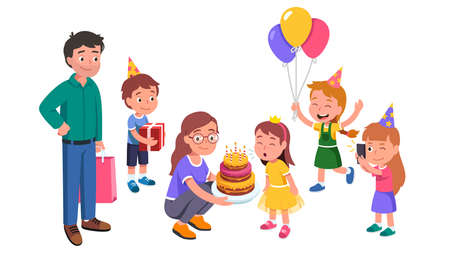 Girl blowing out candles on cake. Birthday partyのイラスト素材