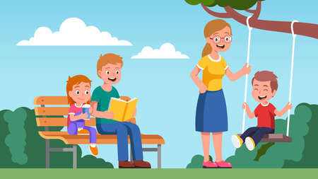 Mother, father, daughter, son kids walking in parkのイラスト素材