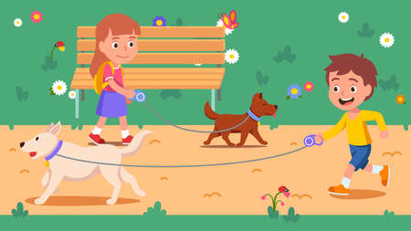 Dogs owners girl, boy kids run walk their petsのイラスト素材