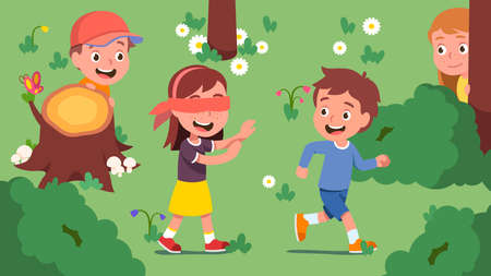 Boys, girls kids playing hide and seek on lawnのイラスト素材
