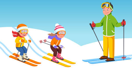 Father, daughter, son kids skiing on snowy slopesのイラスト素材
