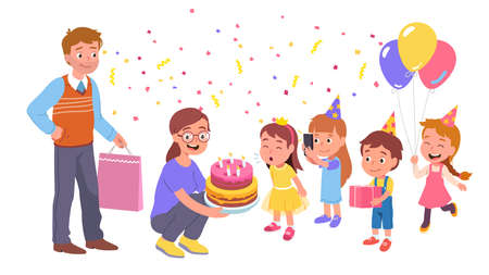 Birthday party. Girl blowing out candles on cakeのイラスト素材