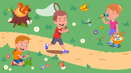 Boy, girl kids enjoying countryside nature outdoorのイラスト素材