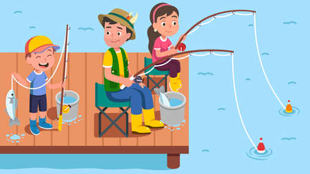 Fisherman father, daughter, son enjoying fishingのイラスト素材